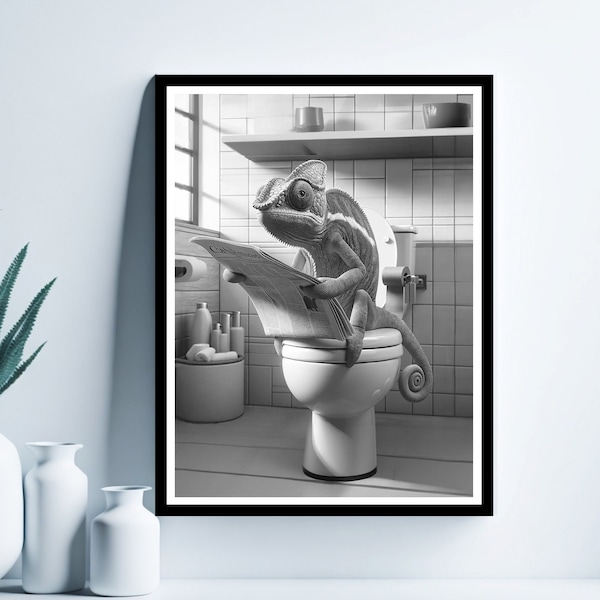 Chameleon Wall Art, Funny Bathroom Print, Toilet Poster, Chameleon in Toilet, Chameleon Printable, Whimsy Animal Art, Digital Download