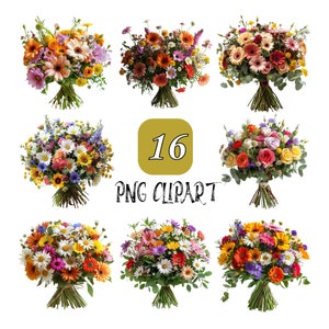16 Bouquet Of Flowers Clipart, Flowers Clipart, High Quality PNG, Watercolor Clipart, Digital download,  Flowers Bouquet Clipart