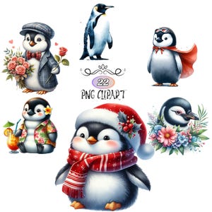 Penguin Clipart, 22 Clipart Bundle, Watercolor Penguin Clipart, Penguin PNG, Card Making, Animal Sublimation, High Quality PNG