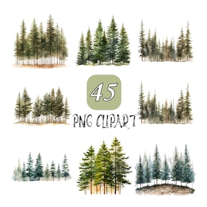 45 Watercolor Forest Tree Clipart, Bundle Tree Clipart,  Pine Trees PNG, Watercolor Clipart, Digital download,  High resolution