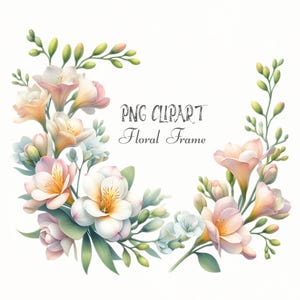 Clipart cadre élégant freesia, bordure de freesia aquarelle, clipart freesia pastel doux, cadre floral délicat, éléments floraux, clipart