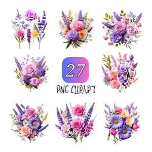Illustrative Lavendel, Rose, Gänseblümchen und Myrte Blumen Clipart, hochwertige PNG, Floral digitaler Download, 3D Blumen Illustration, Becher wickeln