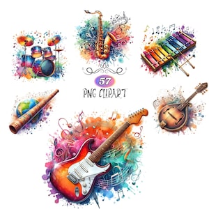 Paquete de 57 imágenes prediseñadas de instrumentos musicales, imágenes prediseñadas de notas musicales artísticas, instrumentos musicales PNG, uso comercial, descarga digital