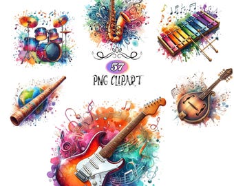 57 Musical Instruments Clipart Bundle, Artistic Music Notes Clipart, Musical Instruments PNG, Commercial Use, Digital Download