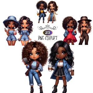 25 Black Girl Clipart, Cute Chibi Girl Clipart Bundle, Denim Girl Clipart, Beautiful Black Girl Clipart, Afro Girl Clipart, Digital Download