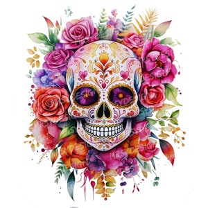 Zuckerschädel mit Aquarell Rosen Clipart, Tag der Toten Kunst, Florale Schädel Illustration, digitaler Download, mexikanische Volkskunst