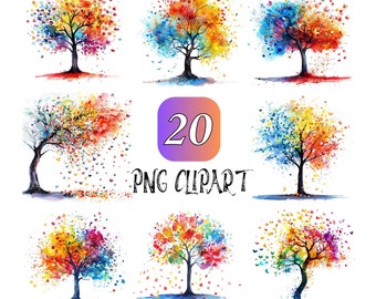 22 Colorful Tree Watercolor Clipart, Tree Clipart, High Quality PNG, Watercolor Clipart, Digital download,  Commercial Use, High resolution