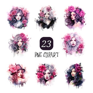 Linda garota e rosa gótica aquarela clipart, PNG de alta qualidade, arte de fantasia sombria, download digital, ilustração floral gótica, clipart