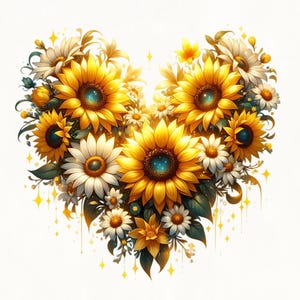 Aquarelle coeur tournesol Daisy Bouquet Clipart, PNG Bouquet de tournesols, Clipart floral, Design floral lumineux, Clipart bouquet d'été