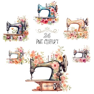 Floral Sewing Machine Clipart, Vintage Sewing Art, Watercolor Sewing Illustration, High Quality PNG, Flower Rose Clipart