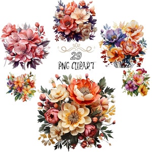 Floral Bouquets Clip Art, Watercolor Flower PNG Embellishments, High Quality Digital Floral Illustrations, Flower Clipart, Commercial Use