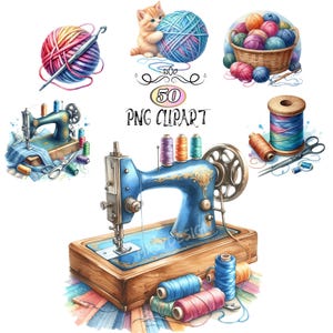 Clipart aquarelle de fils et de laine, images PNG d'articles tricotés, tricot, travaux d'aiguille et couture Clip Art, loisirs imprimables numériques