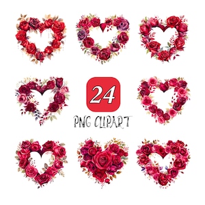 Clipart corona di rose rosso scuro acquerello, Clipart rose a forma di cuore, PNG di alta qualità, download digitale, Clipart decorazioni per matrimoni, Decorazioni con rose
