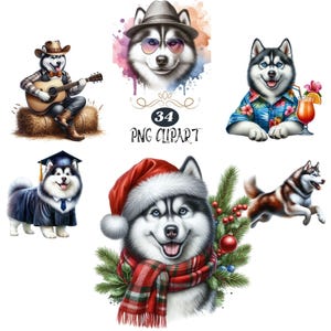 Husky Clipart, Watercolor Dog Clipart, Husky PNG, Card Making, Clipart Bundle, Dog sublimation, High Quality PNG, Junk Journaling