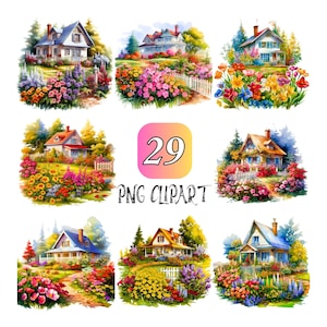 29 Cottage House Clipart, Watercolor Garden Png, Floral Clipart, Country House Junk Journal,  High Quality PNG, Commercial Use