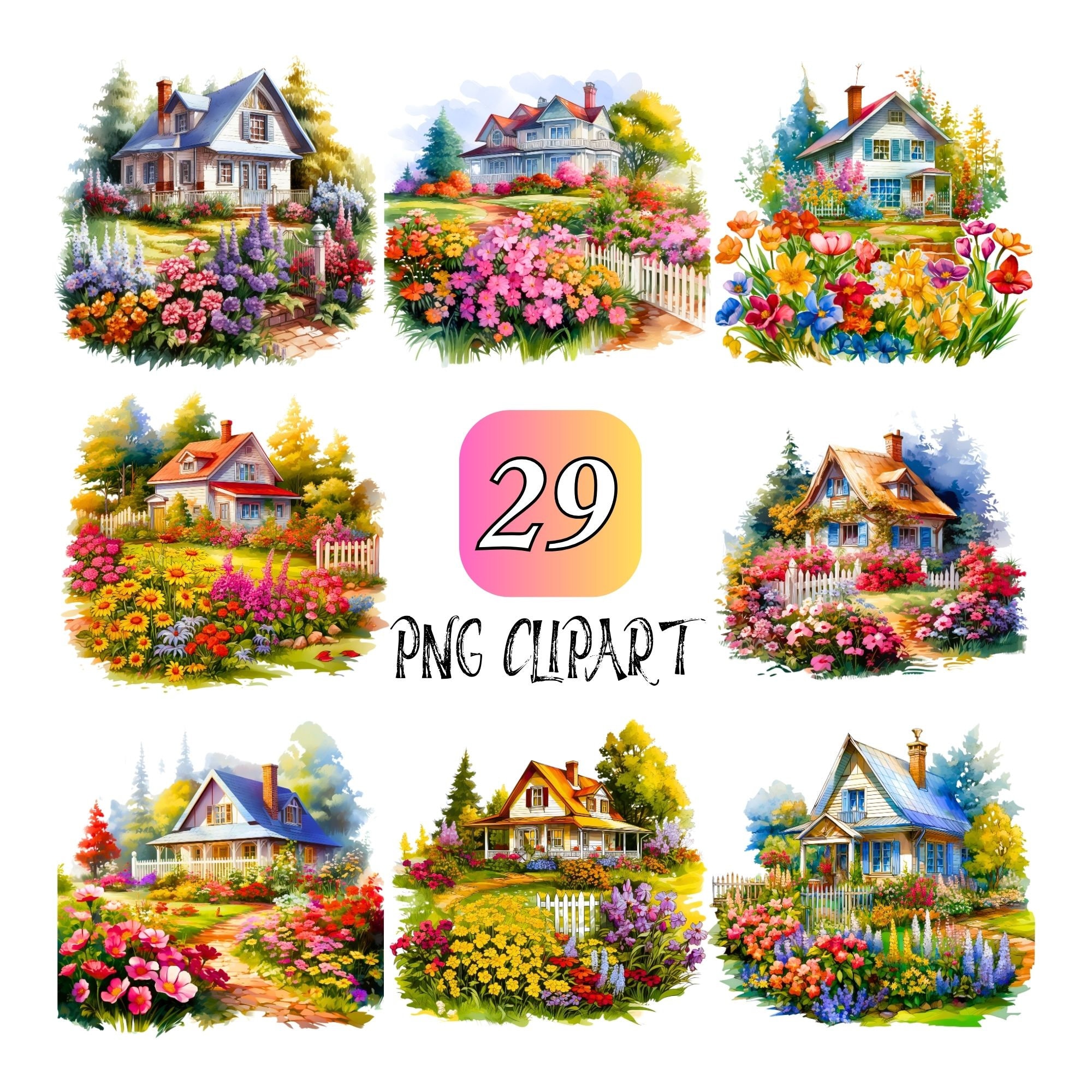 29 Cottage House Clipart, Watercolor Garden Png, Floral Clipart ...