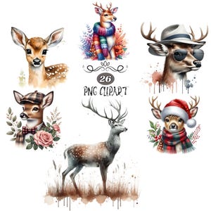 Hirsch Clipart, 26 Clipart-Bundle, Aquarell Hirsch Clipart, Hirsch PNG, Kartenherstellung, Tiersublimation, Clipart, hohe Qualität, Junk Journaling