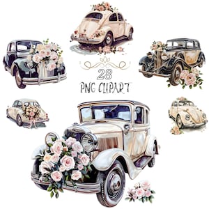 Aquarel bruiloft auto clipart, Austin Roses, bloemen bruiloft illustratie, vintage auto kunst, digitale download, bruiloft png