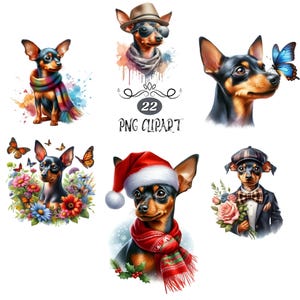 Miniature Pinscher Clipart, Watercolor Dog Clipart, Miniature Pinscher PNG, Card Making, Clipart Bundle, High Quality PNG, Junk Journaling