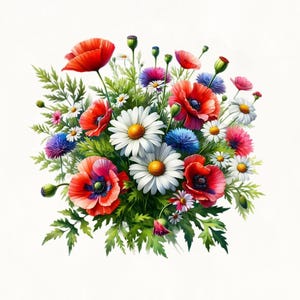 Aquarell Gänseblümchen und Mohn Blumenstrauß Clipart, Wildes Blumengesteck, Blumen Clipart, Sommer Wildblumen, Wiesenblumen, Hochzeit Clipart