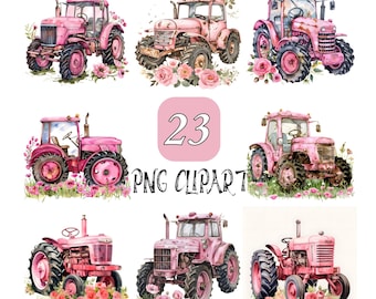 Rustic Tractor Clipart, Pink Farm Tractor Watercolor Tractor Clipart, Flowers Clipart, High Quality PNG, Pink Tractor Gift, Digital Download