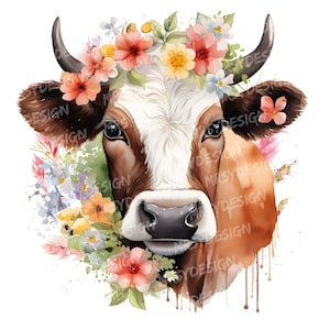 Watercolor Floral Cow Clipart, Brown and White Cow Watercolor Clipart, Cute Farm Animal Art, Cow Image, High Quality PNG, Instant Download