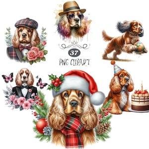 English Cocker Spaniel Clipart, Watercolor Dog Clipart, English Cocker Spaniel PNG, Card Making, 37 Clipart Bundle, Dog sublimation