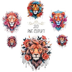 Clipart del tatuaggio del leone neo tradizionale, bellissime rose acquerellate, arte del tatuaggio floreale, PNG di alta qualità, arte del leone