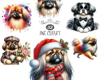 Pekingese Clipart, Watercolor Dog Clipart, Pekingese PNG, Card Making, 32 Clipart Bundle, Dog sublimation, High Quality PNG, Junk Journaling