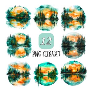 Aquarelle arbres et eau Illustration Clip Art, clipart nature sauvage, PNG de haute qualité, téléchargement numérique, Clipart arbre, PNG Transparent
