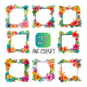 Leeg frame omgeven door kleurrijke tropische bloemen clipart, hoge kwaliteit png, bloemen clipart, tropische bloemen clipart, digitale download