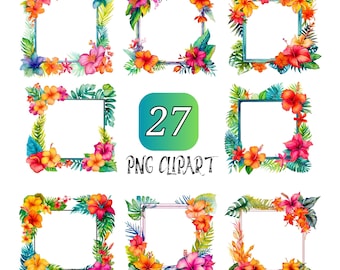 Empty Frame Surrounded by Colorful Tropical Flowers Clipart, High Quality PNG, Floral  Clipart, Tropical Flowers Clipart, Digital Download
