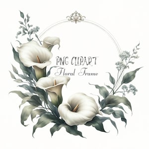 Clipart cornice classica calla giglio, bordo calla giglio bianco acquerello, cornice floreale senza tempo, elegante clipart fogliame verde, clipart fiore
