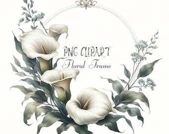 Classic Calla Lily Frame Clipart, Watercolor White Calla Lily Border, Timeless Floral Frame, Elegant Green Foliage Clipart, Flower Clipart