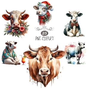 Clipart vache, aquarelle vache Clipart, vache PNG, fabrication de cartes, lot de cliparts, Sublimation animale, des cliparts, PNG haute qualité, journalisation indésirable