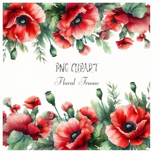 Vintage Mohn Rahmen Clipart, Aquarell Rote Mohnblume Rahmen, Klassischer Blumenrahmen, Blumen Clipart, Florale Elemente, Hochzeit Clipart