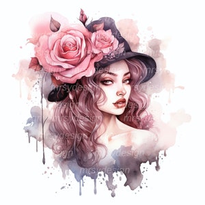 Beautiful Girl and Gothic Rose Watercolor Clipart, High Quality PNG ...