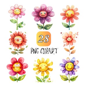 28 niedliche glückliche und lächelnde Blumen Clipart, Blumen Clipart, hochwertige PNG, Aquarell Clipart, digitaler Download, Kartenherstellung Png