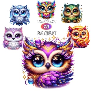 72 Png Clipart, Eule Clipart Bundle, funkelnde Eule Sublimation Clipart, bunte Eulen, Eule Kunstwerk, Eule bedruckbar, magische Eule, Digital