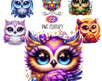 72 Png Clipart, Owl Clipart Bundle,  Sparkling Owl Sublimation Clipart, Colorful Owls, Owl artwork, Owl printable, Magic Owl, Digital