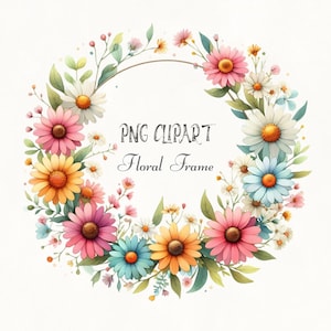 Aquarel madeliefje frame clipart, bloemen clipart, kleurrijke bloemen clipart, save-the-date kaart ontwerp, levendige bloemenrand, florale elementen