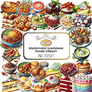 120 aquarelle Louisiana Foods Clipart, Cake Clipart, clipart Louisiana Food, nourriture de la Nouvelle-Orléans png, clipart aliments américains, téléchargement numérique