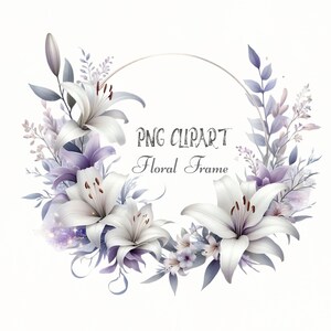 Moldura de lírio encantado clipart, borda de lírio branco aquarela, moldura floral mágica, clipart de detalhes roxos suaves, clipart de flores PNG