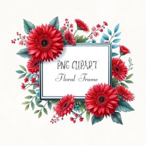 Aquarelle Gerbera Daisy cadre Clipart, Clipart Floral rouge, conception de faire-part de mariage, bordure florale lumineuse, Clipart fleurs, éléments floraux