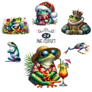 Watercolor Frog Clipart, 24 Clipart Bundle, Card Making, Frog PNG, Animal Sublimation, Frog Illustration, High Quality PNG, Junk Journaling