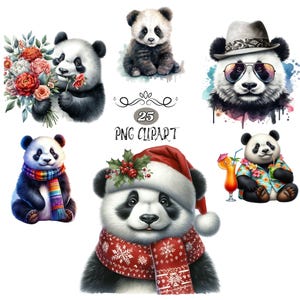 Panda Clipart, Clipart de Panda em Aquarela, Criação de Cartões, Pacote de Clipart, Panda PNG, Sublimação de Animais, PNG de Alta Qualidade, Junk Journaling