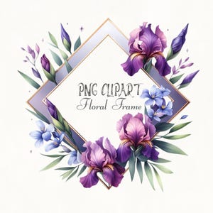 Aquarel iris frame clipart, paarse bloemen clipart, bruiloft decor ontwerp, elegante bloemenrand, iris clipart png, floral elementen