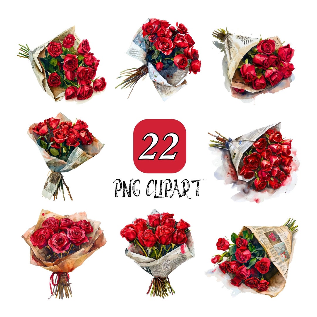 Watercolour Deep Red Roses Watercolor Deep Red Roses Bouquet Clipart, Newspaper Wrapped Floral Art ...