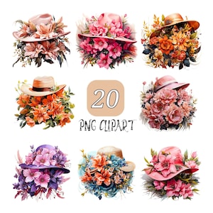 20 Clipart di cappelli floreali ad acquerello, PNG di alta qualità, Illustrazione di cappelli floreali vintage, Download digitale, Cappelli floreali, PNG trasparente