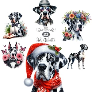 Harlequin Great Dane Clipart, Watercolor Dog Clipart, Great Dane PNG, Card Making, Clipart Bundle, Dog , High Quality PNG, Junk Journaling
